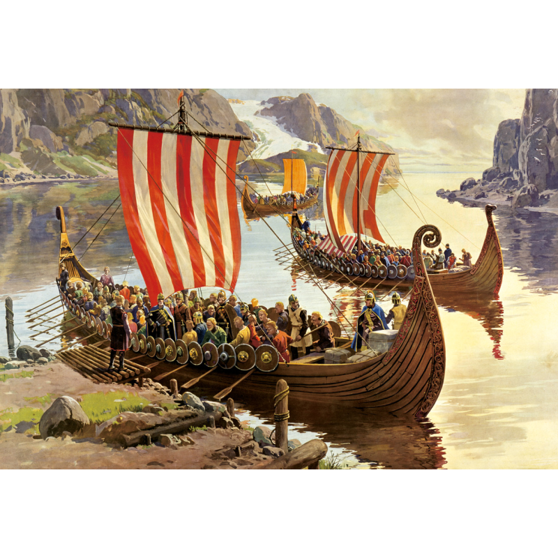 Wandbild „Das Osebergschiff – Ausfahrt der Wikinger“.